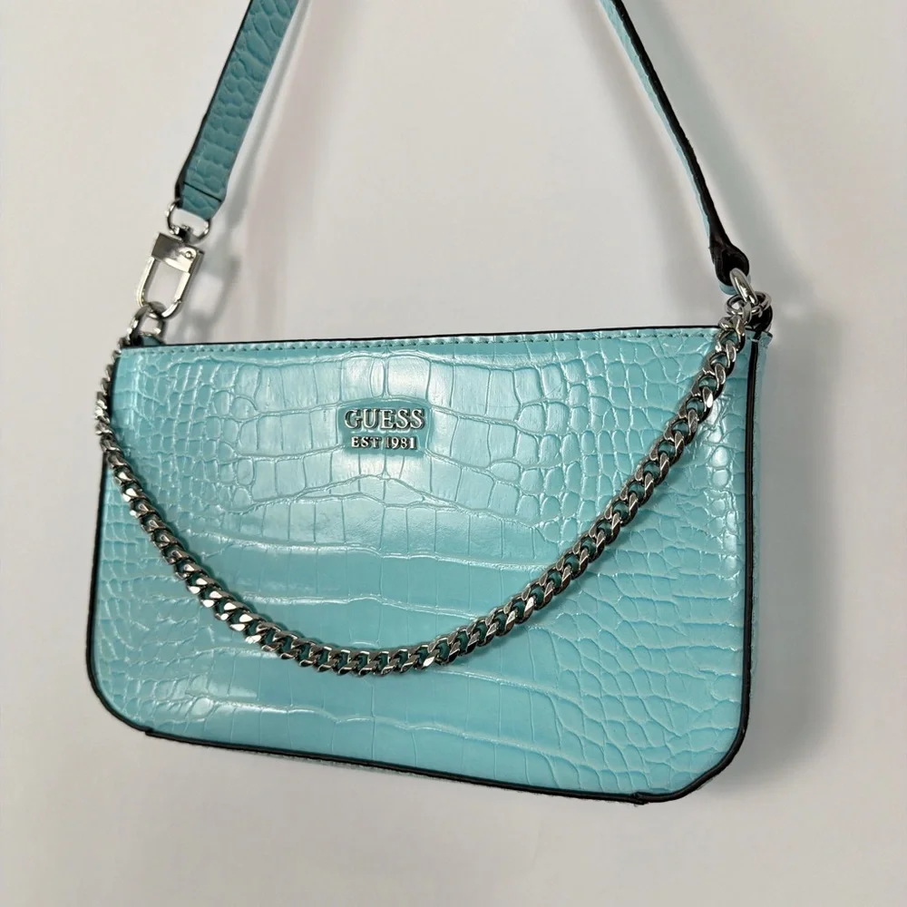 Guess Y2K Light Blue Croc Embossed Shoulder Bag Chain Mini Baguette Purse - Picture 2 of 8